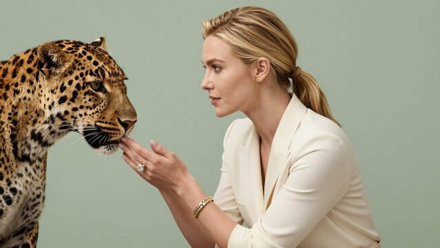 A poised woman in a cream suit gently feeds a leopard with her hand, showcasing an elegant diamond ring and gold bracelet against a soft green backdrop.