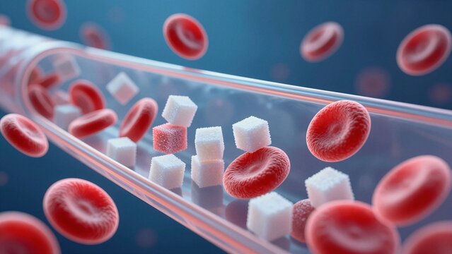 High blood sugar levels with sugar cubes floating among red blood cells inside a transparent vessel.