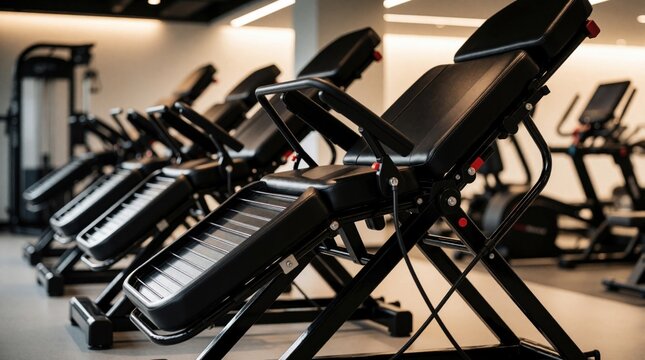 Modern gym interior with rows of black inversion tables for back therapy and fitness. Other workout machines are visible in background, suggesting a complete fitness facility.