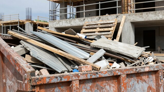 A large dumpster overflowing with construction debris including metal rods, wooden planks, concrete chunks, and discarded materials at an active building site.