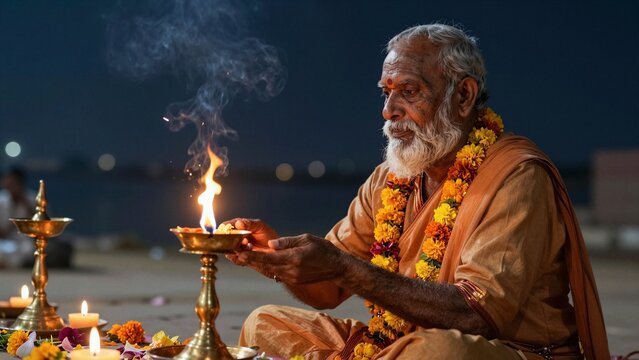 An elderly Hindu priest conducts a traditional evening aarti ceremony by the sacred river, holding lit oil lamps amidst glowing flowers and rising incense smoke.