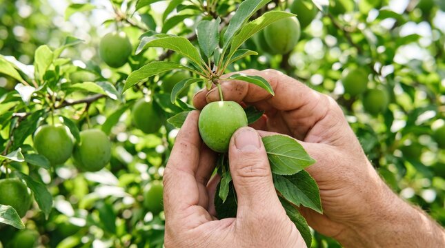 Farmer hands pick unripe green plums from tree branch in orchard, healthy organic fruit growing and agriculture concept.