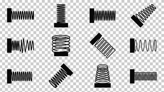 Industrial metal spring icons set, black mechanical coil vector collection, 12 technical steel compression springs for engineering design