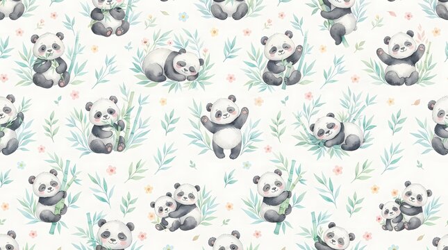 Cute panda seamless pattern with bamboo leaves and flowers for nursery wallpaper design.
