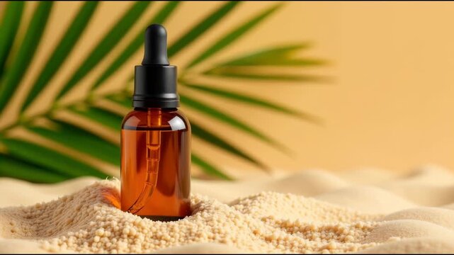 A bottle of essential oil on a sandy surface