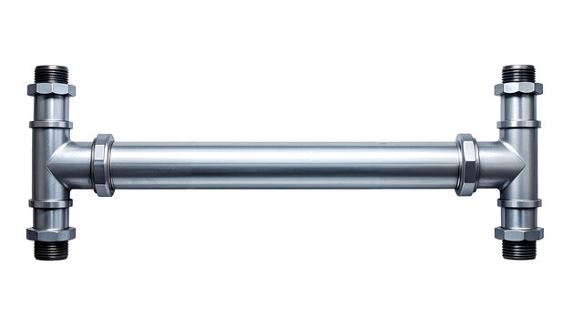 Industrial steel pipe fitting connector with metallic texture and threaded joints isolated for plumbing construction projects on transparent background
