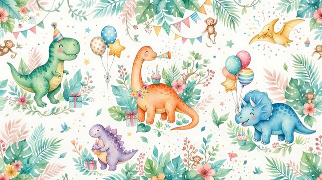 Watercolor dinosaur party pattern with cute prehistoric animals and tropical jungle leaves