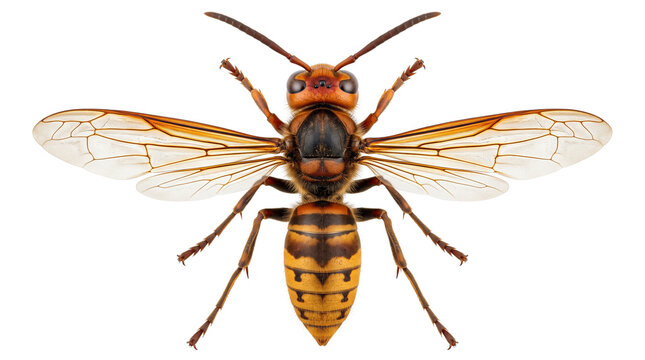 Asian giant hornet vespa mandarinia top view with wings spread flat on transparent background for biology studies and educational entomology illustrations.