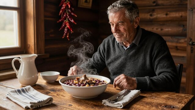 An elderly man savors a steaming bowl of authentic Slovenian Jota stew in a rustic wooden cabin, surrounded by warm sunlight and hanging red chili peppers.