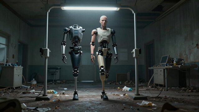 Two humanoid robots with advanced bionic limbs stand under harsh fluorescent lights inside a derelict laboratory filled with debris.