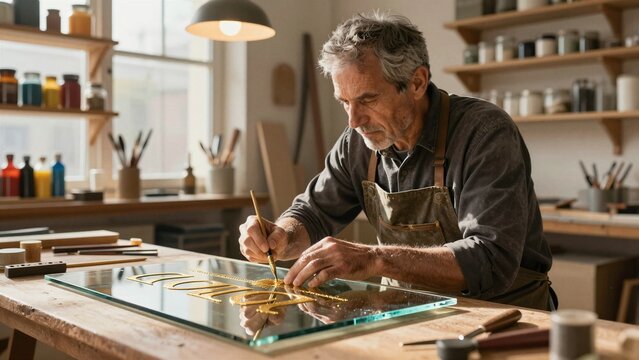 An experienced artisan meticulously applies gold leaf onto a glass surface in a sunlit workshop filled with art supplies and natural light.