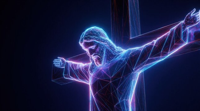 Jesus Christ figure rendered in neon wireframe on cross. Abstract spiritual art uses glowing digital lines in blue and pink hues against dark background.