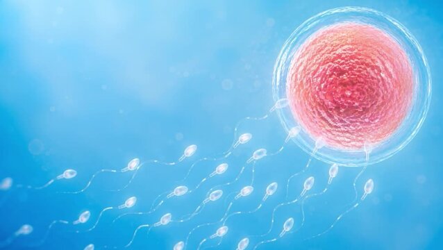 Human sperm cells swim towards a pink egg cell on a bright blue background with ample copy space. IVF fertilization visual represents reproductive medicine, conception, infertility care and pregnancy.