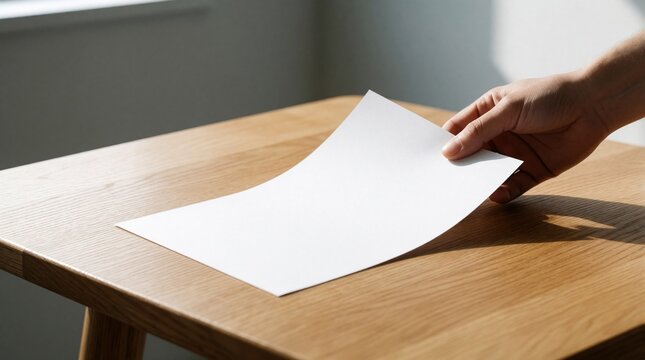 Hand places blank white paper onto a clean wooden table surface. Natural light creates shadows, highlighting wood grain texture. Empty sheet ready for writing or design work.