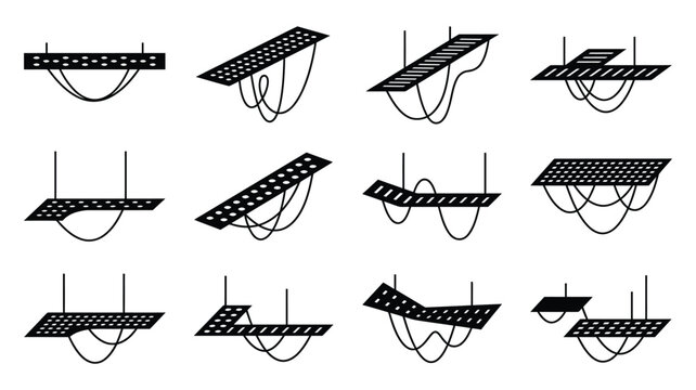 Industrial cable tray system icons, set of 12 wire mesh cable management vectors, electrical infrastructure components for construction blueprints