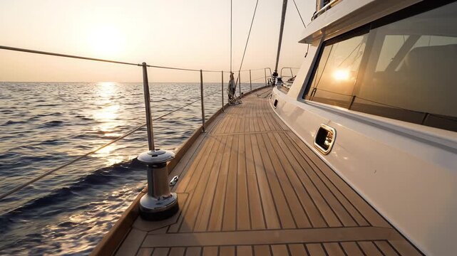 Sailing yacht deck moving across open sea at golden hour sunset
