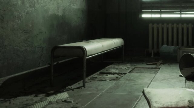 A room shows a metal bench in the center with debris scattered on the floor. Light filters through the slatted window adding shadows on the walls. The atmosphere feels neglected and empty.