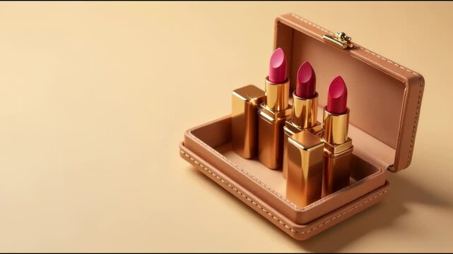 Close-up of three lipsticks in a case on a table