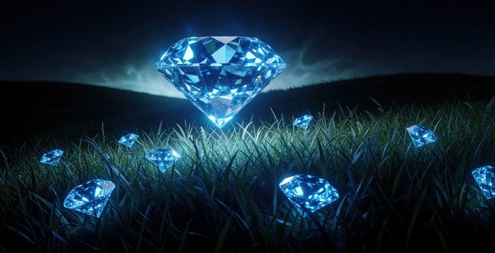 Blue diamonds glow in tall grass field under dark sky. Large gem shines above smaller ones scattered on ground. Mysterious night scene suggests wealth hidden in nature.