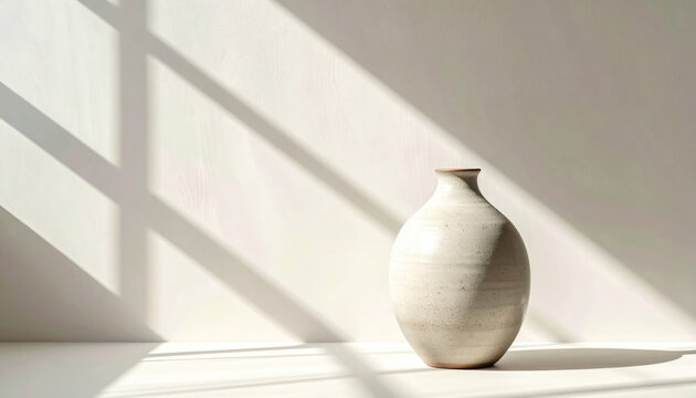Ceramic vase standing on a wooden table against a white wall with soft sunlight shadows casting geometric window patterns
