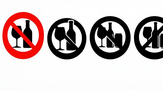 Three prohibition signs display no alcohol symbols, one red and two black. The signs depict a bottle and glass or can crossed out. These icons represent restriction and warnings.