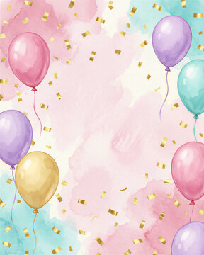 Multicolored balloons float amidst pastel watercolor background with gold confetti, celebrating a birthday.