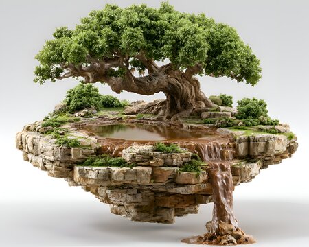 Floating island with a large ancient tree and a waterfall cascading into a pool