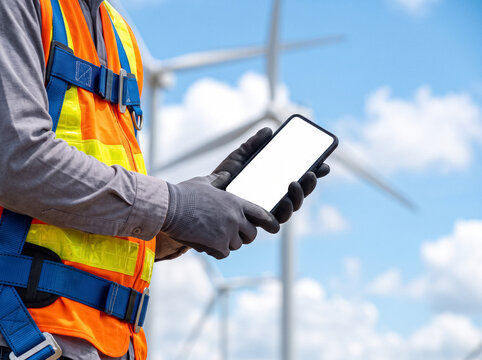 engineer wearing safety harness and vest holding smartphone with blank screen at wind turbine farm under blue sky