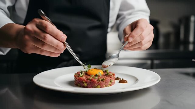 Professional chef carefully garnishing a fresh beef tartare dish with delicate herbs and a raw egg yolk using silver culinary tweezers and a spoon in a restaurant kitchen.