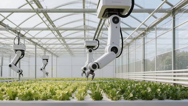 Robotic arms automate greenhouse crop production, representing smart farming, precision agriculture, technology, efficiency, and future food production.