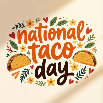 Celebrate National Taco Day with this festive illustration featuring tacos and floral accents. Perfect for promotions, social media, or event announcements, this design adds a fun touch.