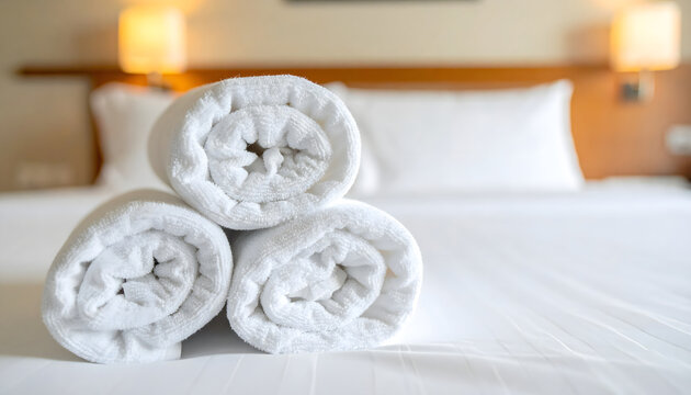 White towels rolled neatly on a clean hotel bed with blurred background showing soft lighting and comfortable bedroom interior setting