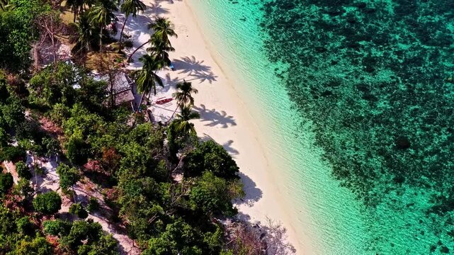 Aerial view of Port Barton Beach with turquoise water, coral reefs, and lush tropical trees in Mimaropa, Philippines.