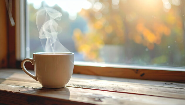Coffee cup steaming on a rustic wooden windowsill with soft golden morning sunlight and blurred autumn foliage background view