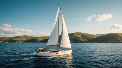 Fototapeta premium Sailboat glides across deep blue ocean waters. White sails billow catching wind near green hilly coast. People enjoy leisure cruise on calm sunny day.