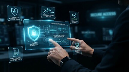 Obraz premium IT security administrator interacting with holographic privileged access management credential vault interface for enterprise identity security and digital just-in-time access provisioning management 