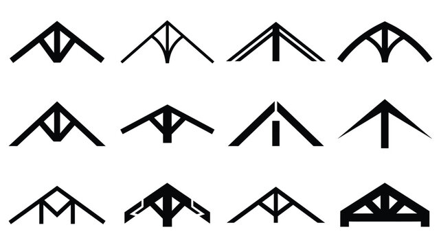 Minimalist roof truss icons, set of 12 black house rooftop symbols, architectural construction framing vector elements for real estate logos