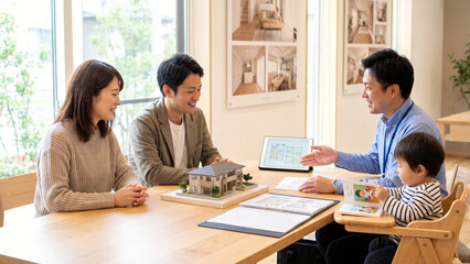 Obraz premium 住宅展示場で営業担当が夫婦に住宅模型を使って提案する場面