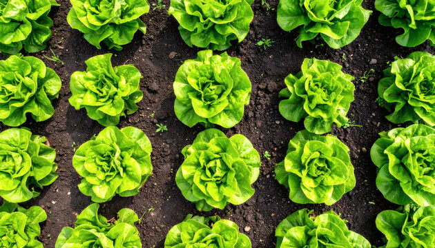 Lettuce plants growing in neat rows on dark fertile soil in a professional organic farm field top view perspective