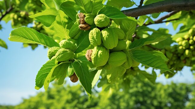 A photo of a walnut tree with green walnuts