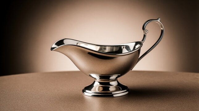 Elegant silver gravy boat sits on a smooth table surface. Its polished metal reflects soft studio light, creating a luxurious dining accessory for special occasions. This vessel adds class.