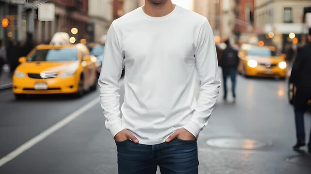 A stylish person in a plain white long-sleeve t-shirt mockup stands confidently on a busy city street, perfect for displaying your fashion designs and casual apparel brands.