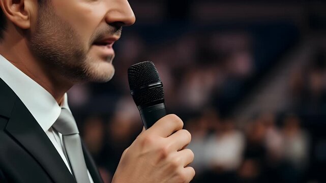 Professional speaker delivering an impactful presentation to a large audience at a corporate event, holding a microphone to address the crowd with conviction.