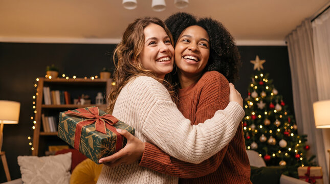 Two friends smile and embrace while standing in a living room decorated for Christmas. A Christmas tree and lights add to the festive look. They hold a gift together