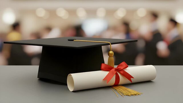 Black mortarboard cap and rolled academic diploma tied with a vibrant red silk ribbon resting on a clean surface during a festive graduation ceremony celebration