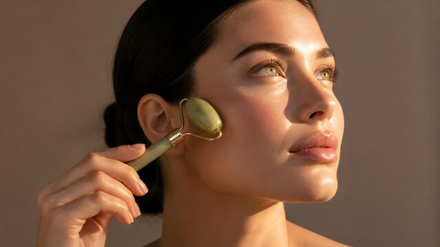 woman using jade roller tool on cheek while looking upward with golden sunlight and glowing skin