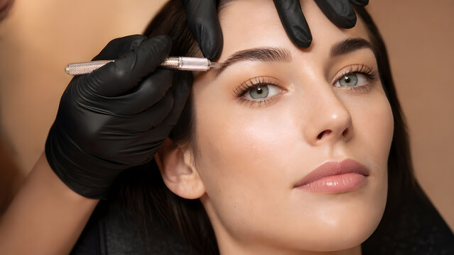 Technician holds microblading pen close to eyebrow preparing pigment application for permanent makeup tattoo treatment