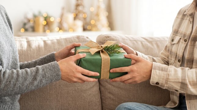 Two people are sitting on a couch in a living room. One person gives a wrapped gift to the other. There are decorations and soft lighting around the room
