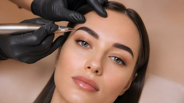 Technician applies microblading pigment strokes to eyebrow using tattoo pen for permanent makeup beauty treatment