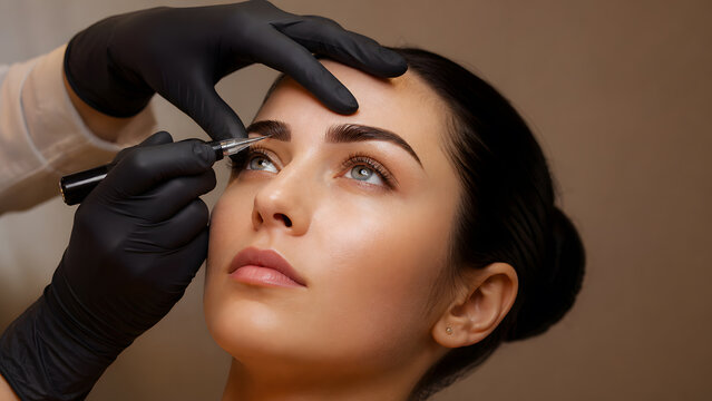 Technician tattoos pigment onto eyebrow with precise pen strokes during permanent makeup microblading beauty session
